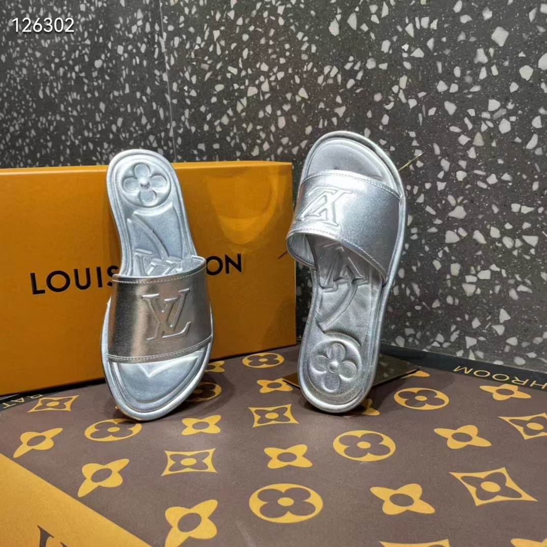 Louis Vuitton LV Women Magnetic Flat Mule Silver Lambskin Leather Outsole