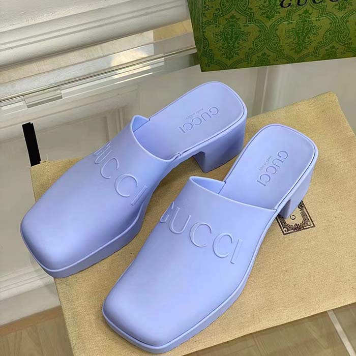 Gucci Women GG Slip-On Sandal Pastel Blue Rubber Embossed Logo Square Toe Chevron