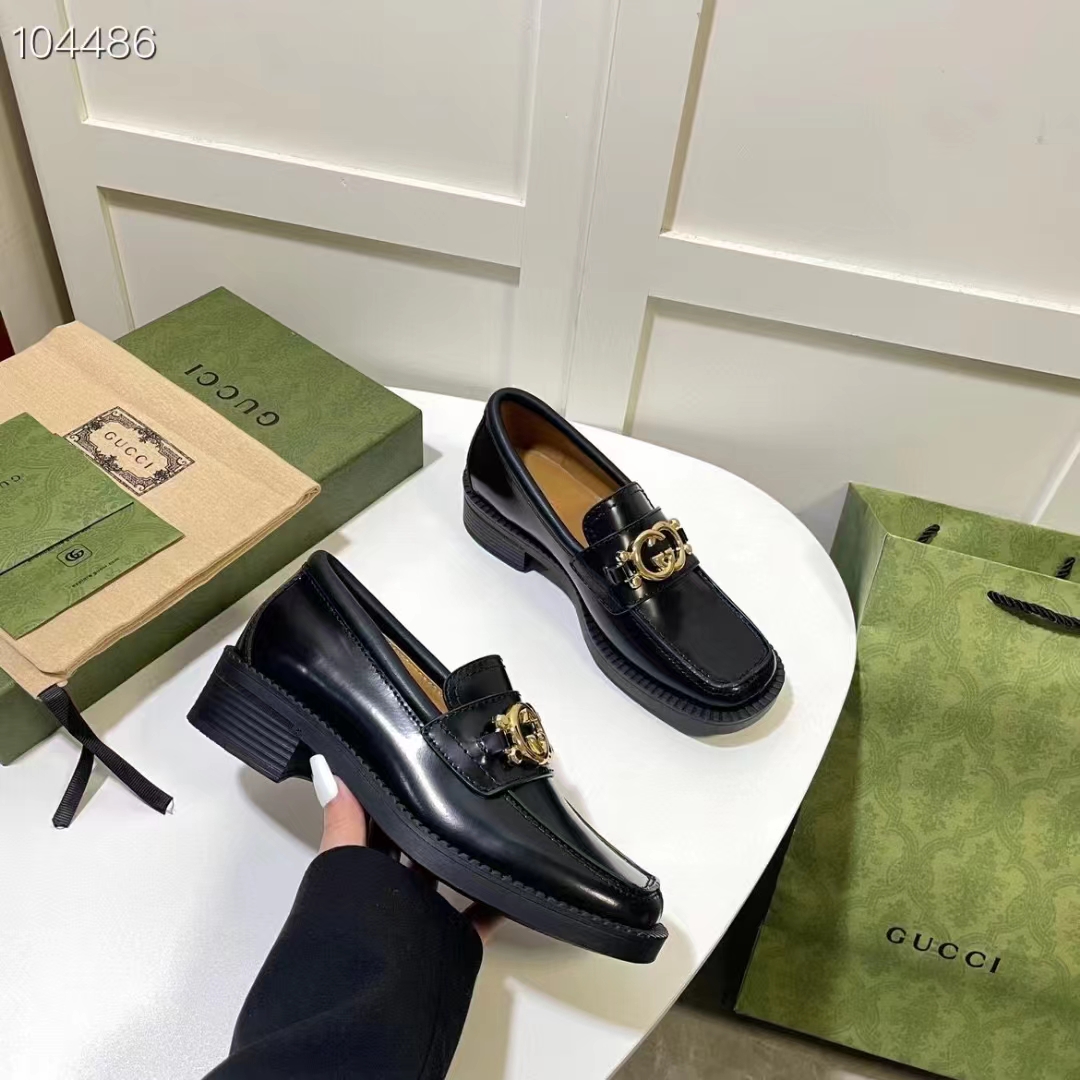 Gucci Women GG Loafer Interlocking G Shiny Black Leather Low 2.5 Cm Heel