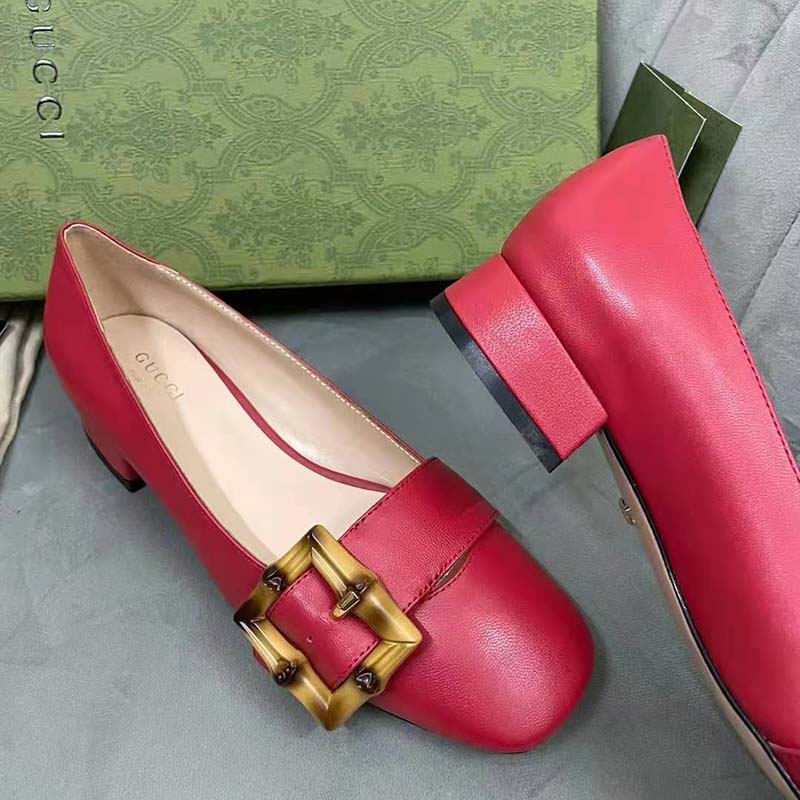Gucci GG Women Ballet Flat with Bamboo Buckle Dark Red Leather