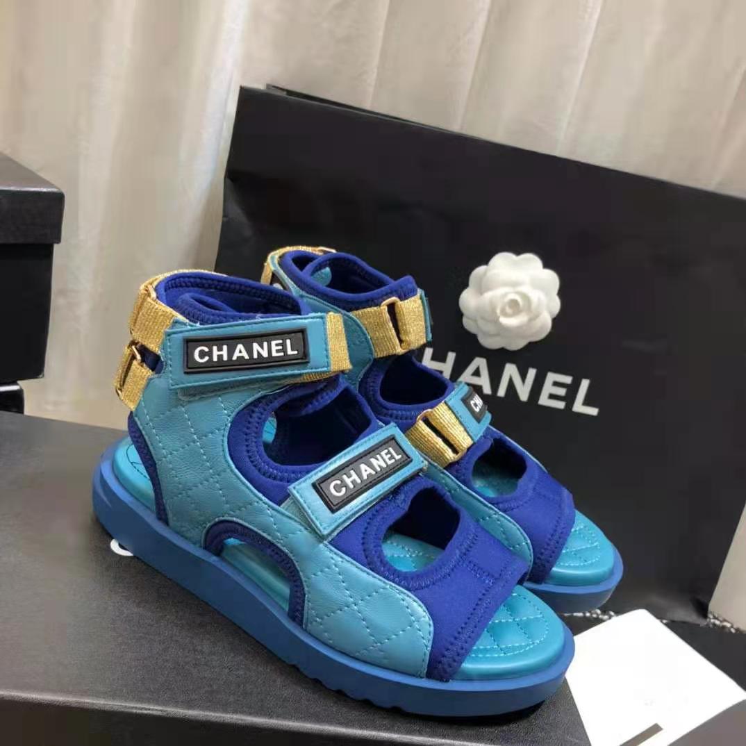 Chanel Women Sandals Goatskin Fabric & TPU Blue Dark Blue & Black