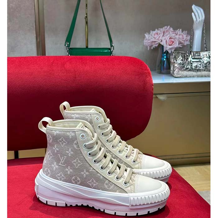 Louis Vuitton Women LV Squad Sneaker Boot Beige Monogram Denim Circle Double Laces