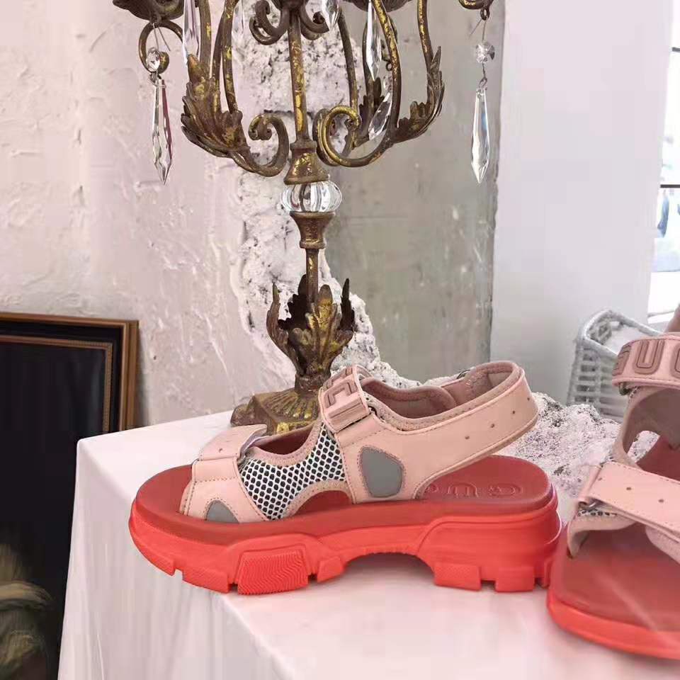 Gucci Women Leather and Mesh Sandal 4.6cm Height-Pink