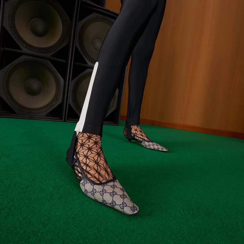 Gucci Women Slingback Pump Beige Blue GG Supreme Canvas Low 3 cm Heel