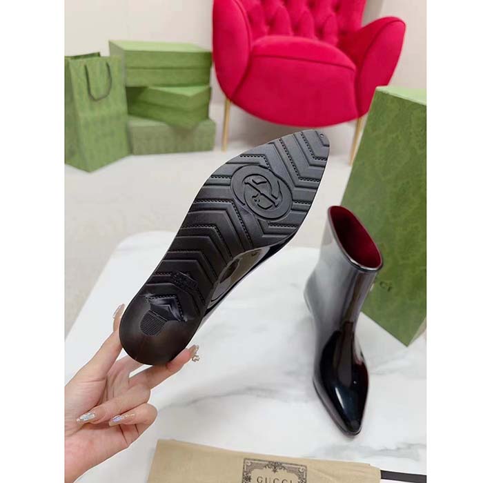 Gucci Women Interlocking G Ankle Boot Black Shiny Rubber Matte Point Toe Low-Heel