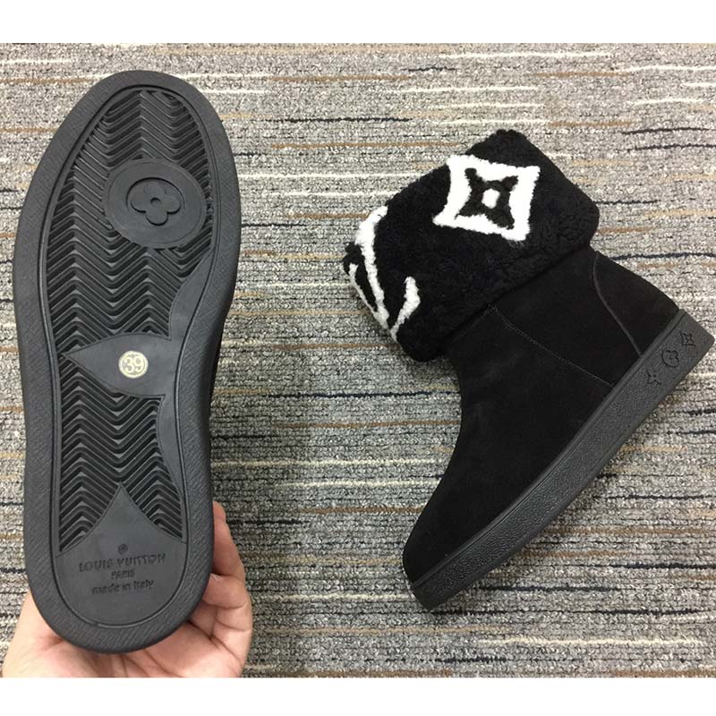 Louis Vuitton LV Women Snowdrop Flat Ankle Boot Black Suede Calf Leather Shearling Wool