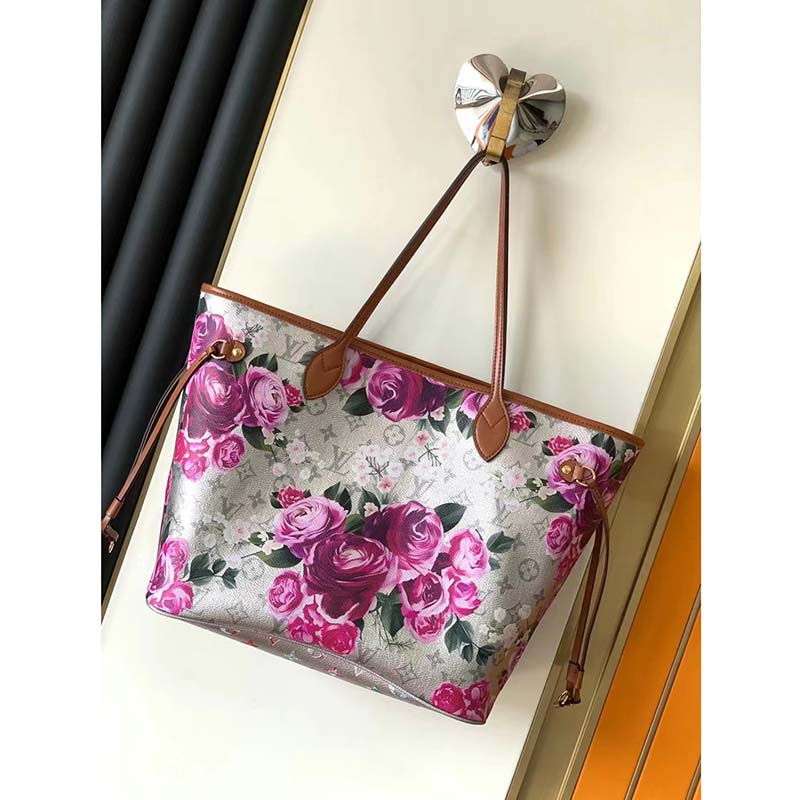 Louis Vuitton LV Women Neverfull MM Tote Bag Silver Coated Canvas Cowhide Leather