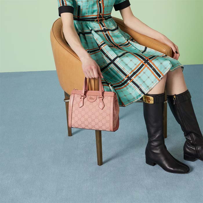 Gucci Women Ophidia GG Small Tote Bag Pink GG Canvas Leather Rose Gold Hardware