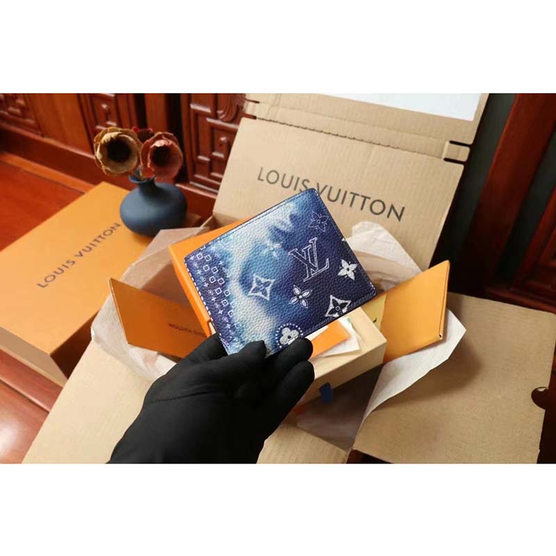 Louis Vuitton LV Unisex Slender Wallet Blue Cowhide Leather Textile Lining