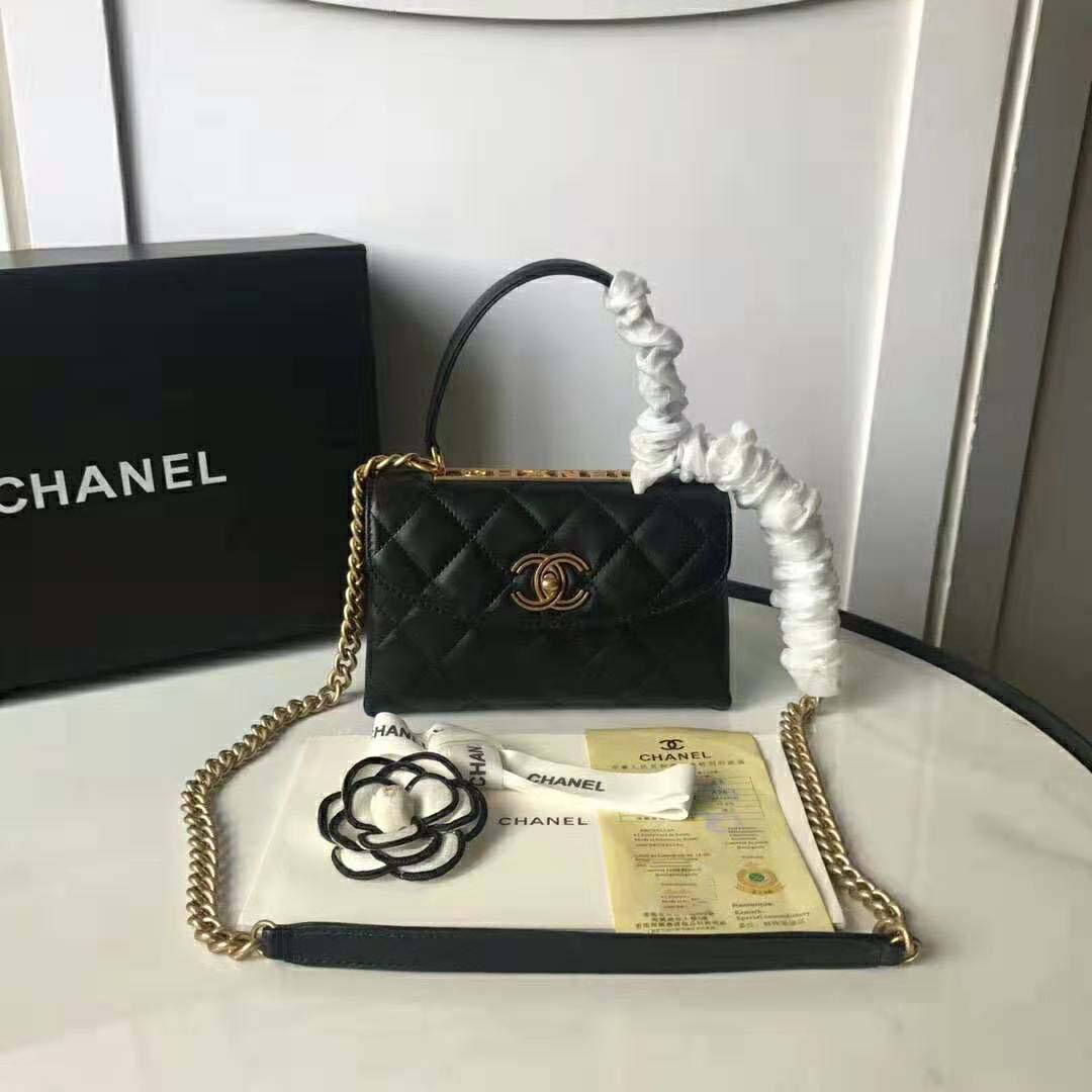 Chanel Women Flap Bag with Top Handle in Lambskin Leather-Black