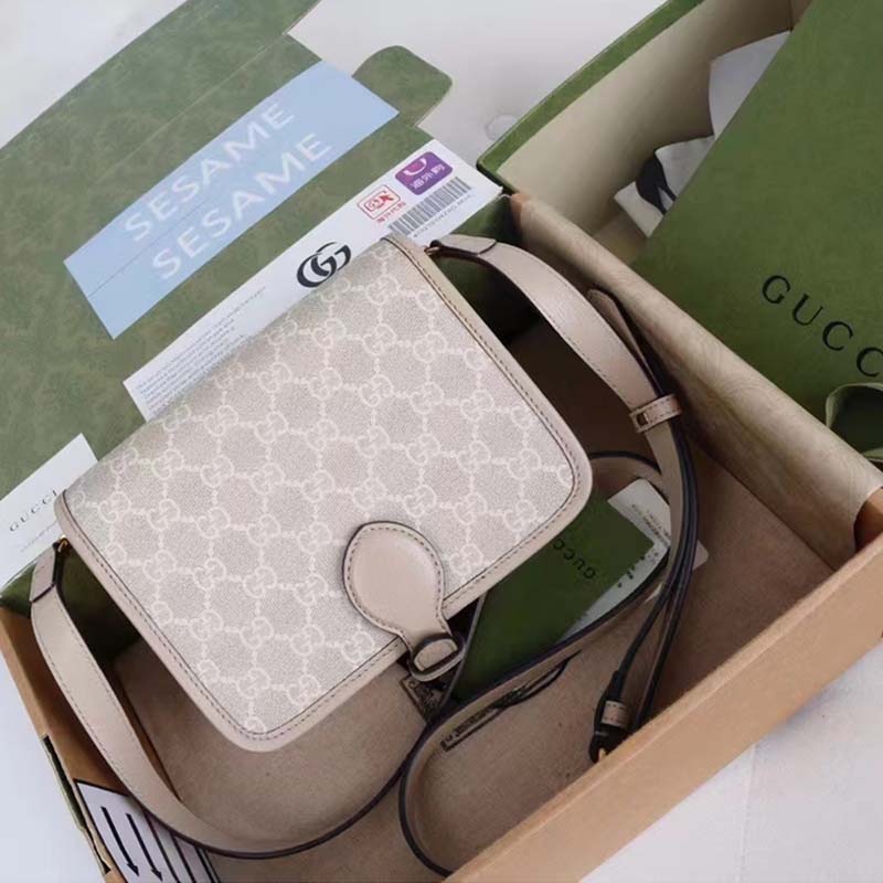 Gucci Unisex Mini Shoulder Bag Interlocking G Beige White GG Supreme Canvas