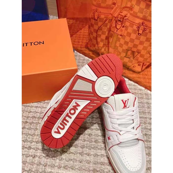 Louis Vuitton Unisex LV Trainer Sneaker Red Grained Calf Leather Rubber Initials