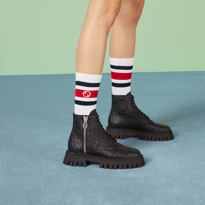 Gucci Unisex GG Leather Boots Rubber Lug Sole Lace-Up Interlocking G Flats