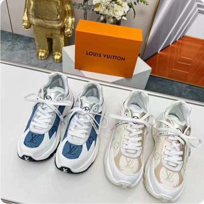Louis Vuitton LV Unisex Run 55 Sneaker Denim Blue Monogram Denim Lifted Rubber