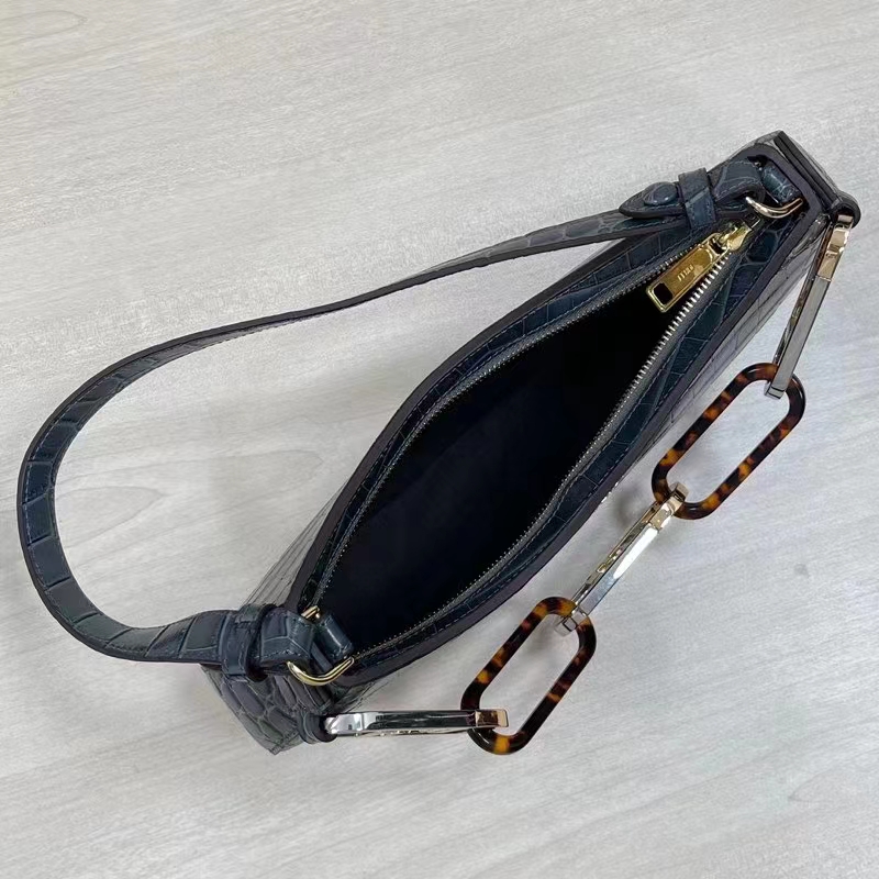 Fendi Women FF O’Lock Swing Dark Blue Crocodile Leather Pouch