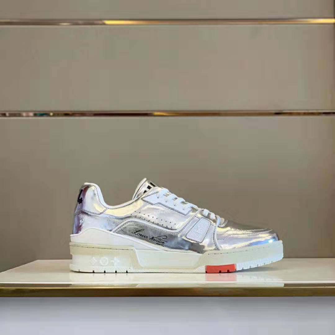Louis Vuitton LV Men LV Trainer Sneaker in Metallic Silver Leather with Louis Vuitton Script Signature