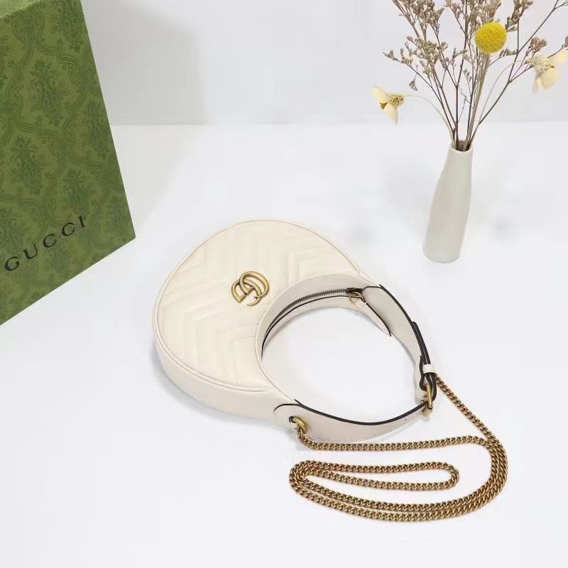 Gucci Women GG Marmont Half-Moon-Shaped Mini Bag White Matelassé Chevron