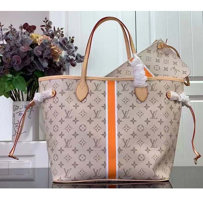 Louis Vuitton LV Unisex Neverfull MM Beige Ocher Monopaname Coated Canvas Cowhide Leather
