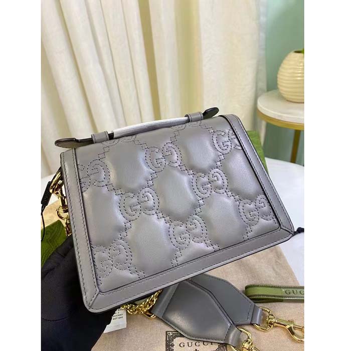 Gucci Women GG Matelassé Small Top Handle Bag Dusty Grey Leather Double G