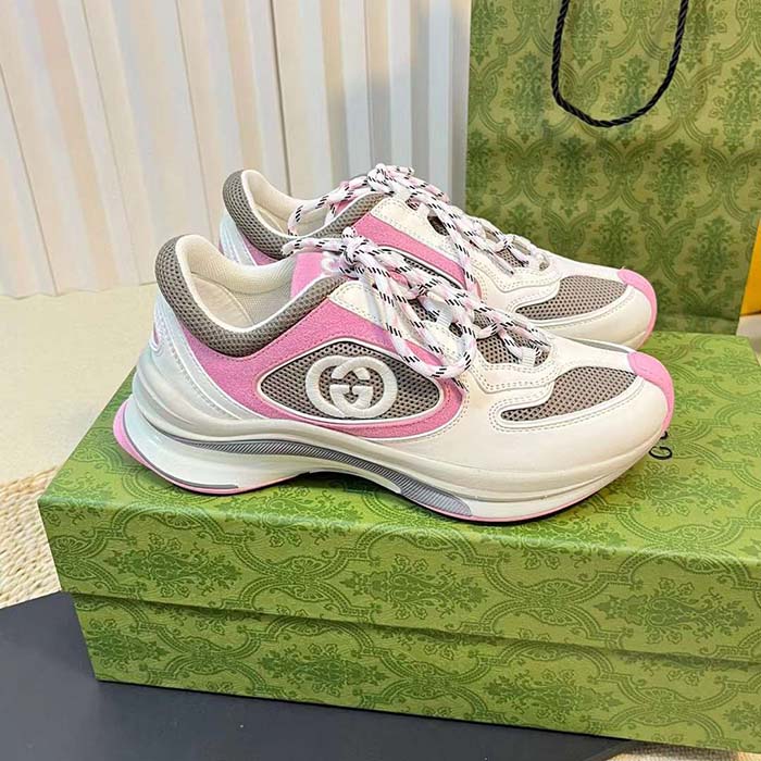 Gucci Unisex Run Sneaker Ivory Pink Suede Interlocking G Bi-Color Rubbe Low Heel