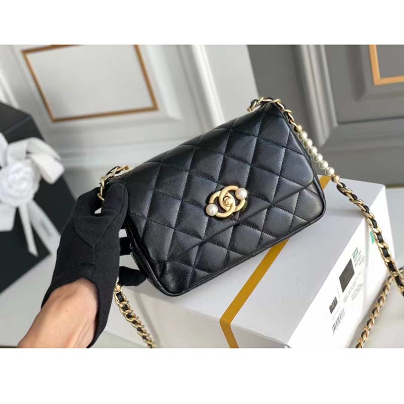 Chanel Women Mini Flap Bag Calfskin Imitation Pearls Gold-Tone Metal Black