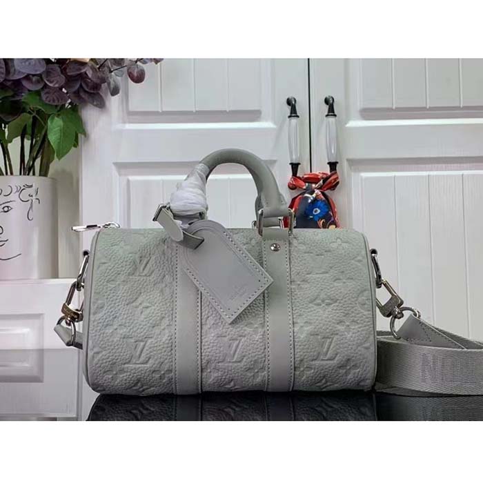 Louis Vuitton LV Unisex Keepall Bandoulière 25 Mineral Gray Embossed Taurillon Monogram Cowhide Leather