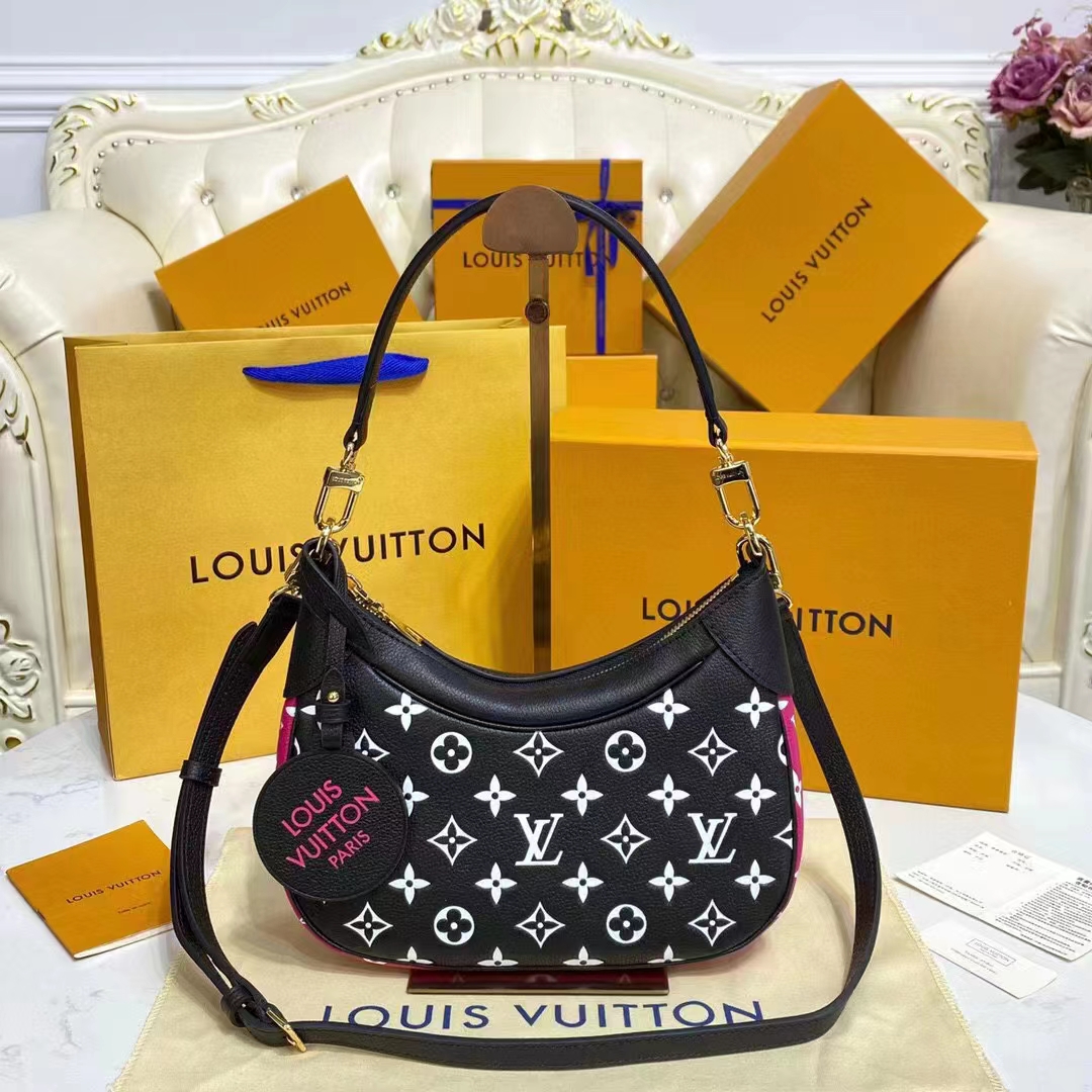 Louis Vuitton LV Women Bagatelle Black Handbag Printed Embossed Grained Cowhide Leather