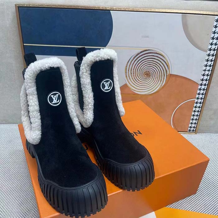 Louis Vuitton Women Shoes LV Ruby Flat Ankle Boot Black Suede Calf Leather Shearling