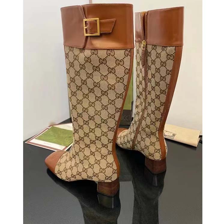 Gucci Blondie Women’s GG Knee-High Boot Beige Ebony Canvas Cuir Leather Low 5 Cm Heel