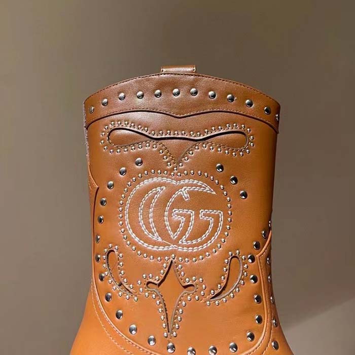 Gucci Women GG Boot Double G Embroidery Studs Brown Leather Low 3.6 CM Heel