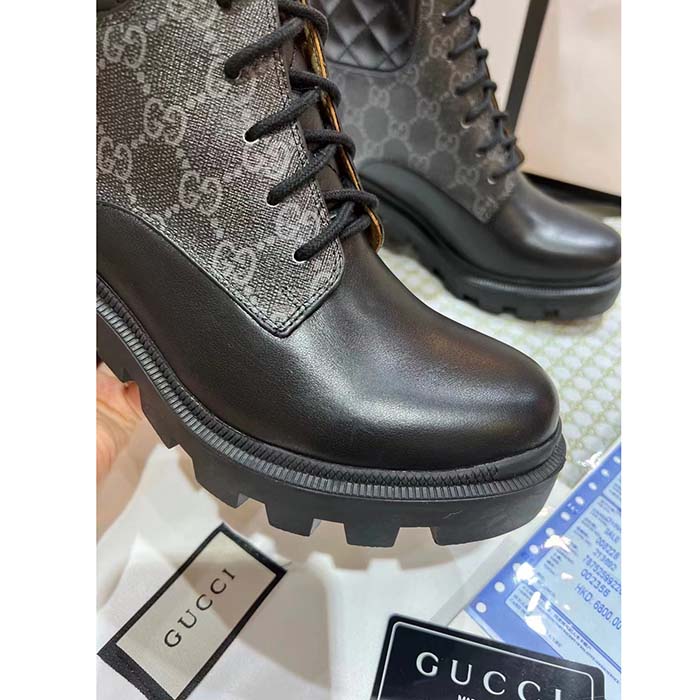 Gucci Women Ankle Boots Black GG Supreme Canvas Rubber Lace-Up High Heel