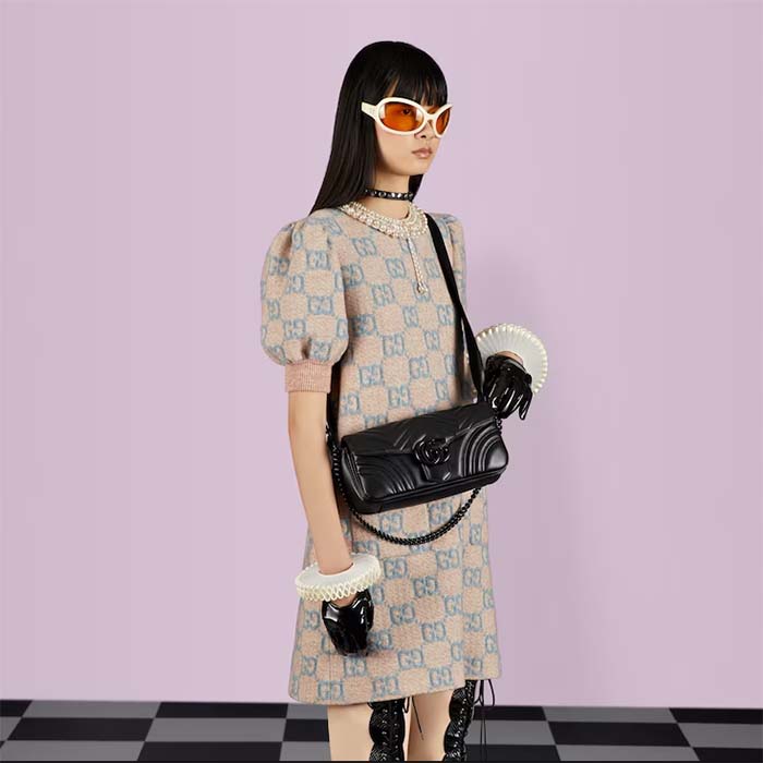 Gucci Women GG Marmont Shoulder Bag Matelassé Chevron Leather Double G Black