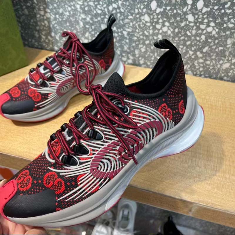 Gucci Unisex Run Sneaker Black Red GG Technical Knit Fabric Interlocking G Rubber