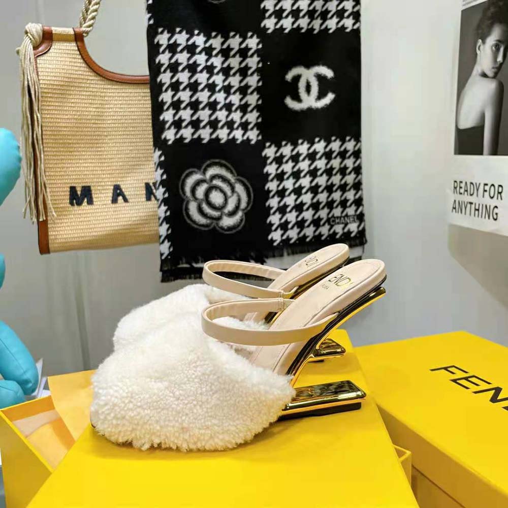 Fendi Women First White Sheepskin High-Heeled Sandals