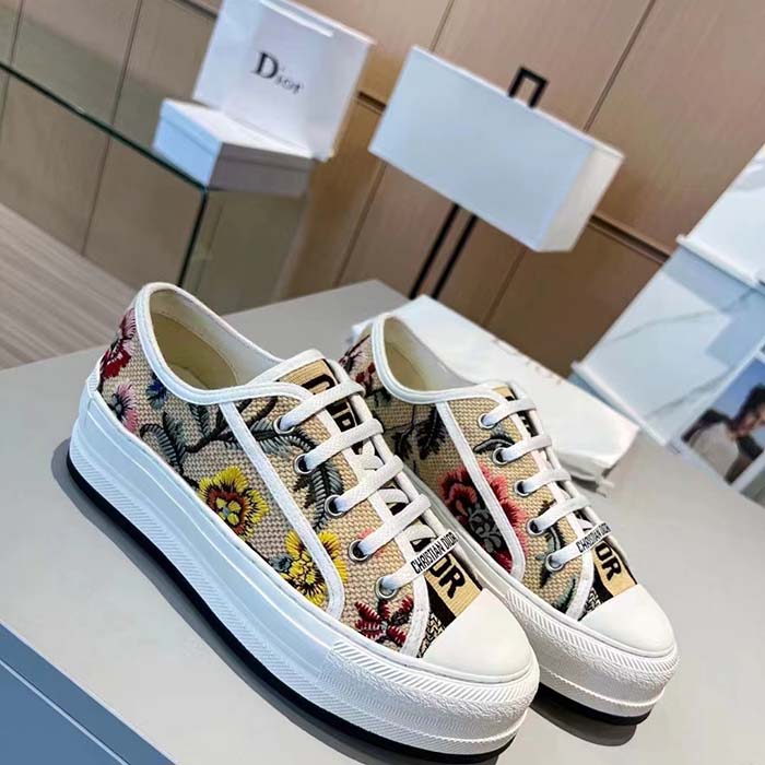 Dior Women Shoes CD Walk’N’Dior Sneaker Beige Multicolor Raffia Embroidered Petites Fleurs