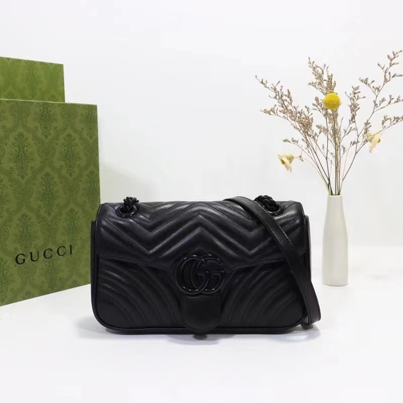 Gucci Women GG Marmont Matelassé Mini Bag Black Chevron Leather Double G
