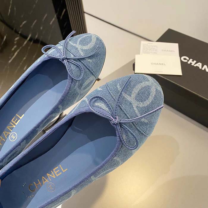 Chanel Women CC Ballet Flats Printed Denim Light Blue White