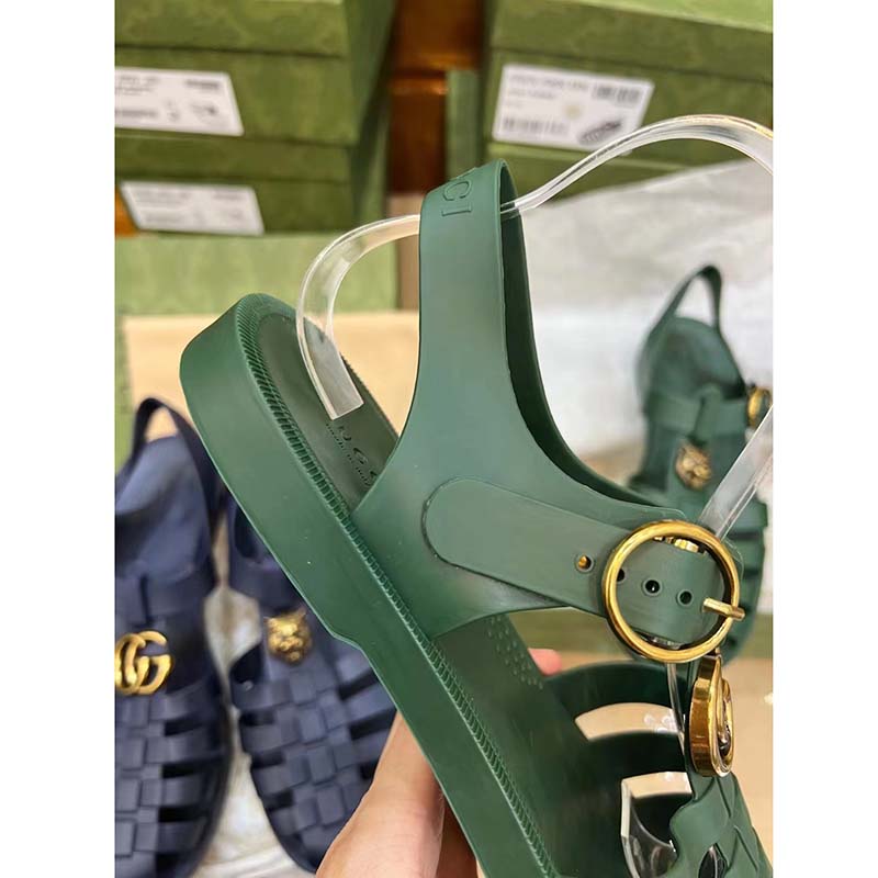 Gucci Unisex GG Sandal Double G Transparent Emerald Green Rubber Flat
