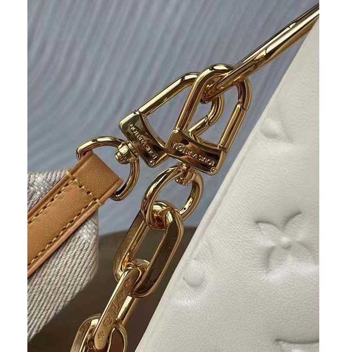 Louis Vuitton LV Women Coussin PM Handbag Cream Monogram-Embossed Puffy Lambskin Calfskin