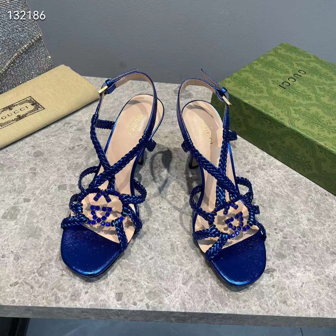 Gucci Women GG Cystal Interlocking G Sandal Blue Metallic Braided High 9 CM Heel