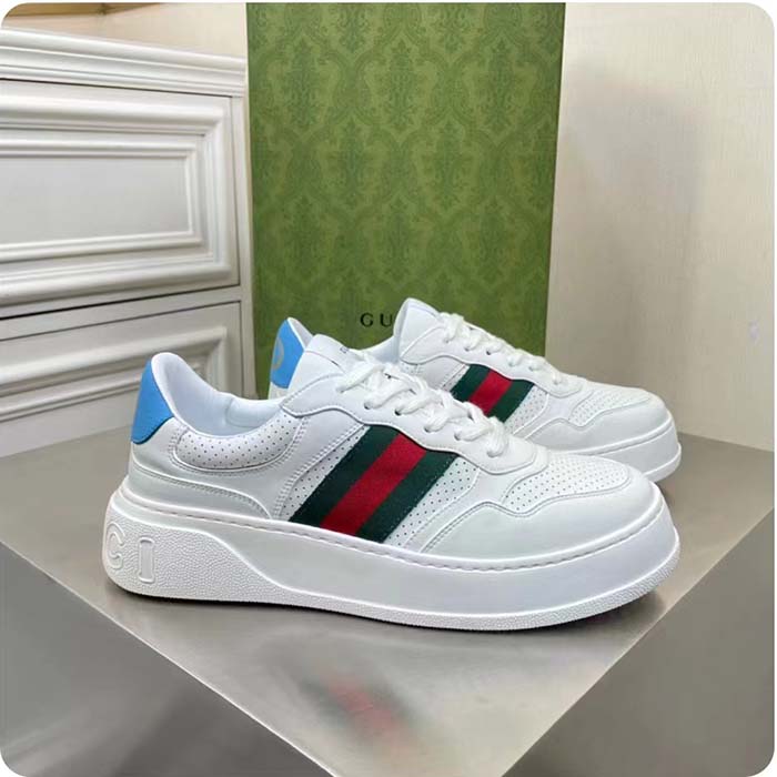 Gucci Unisex GG Sneaker Web White Leather Blue Lace-Up Flat