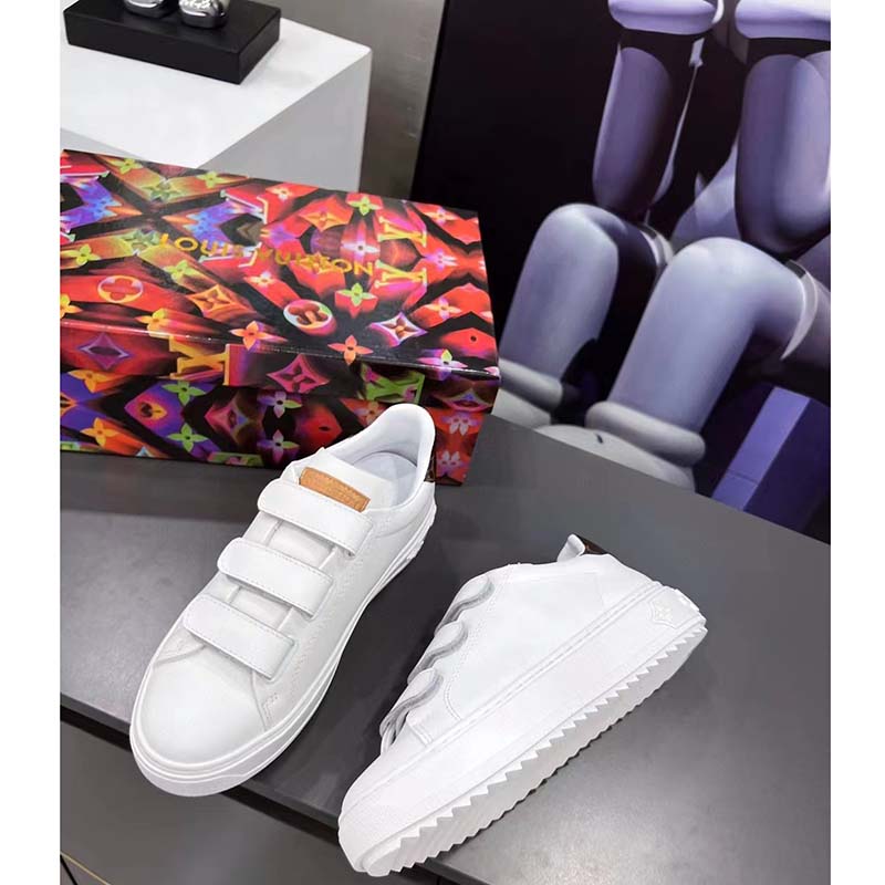 Louis Vuitton LV Unisex Time Out Sneaker White Calf Leather Monogram Canvas