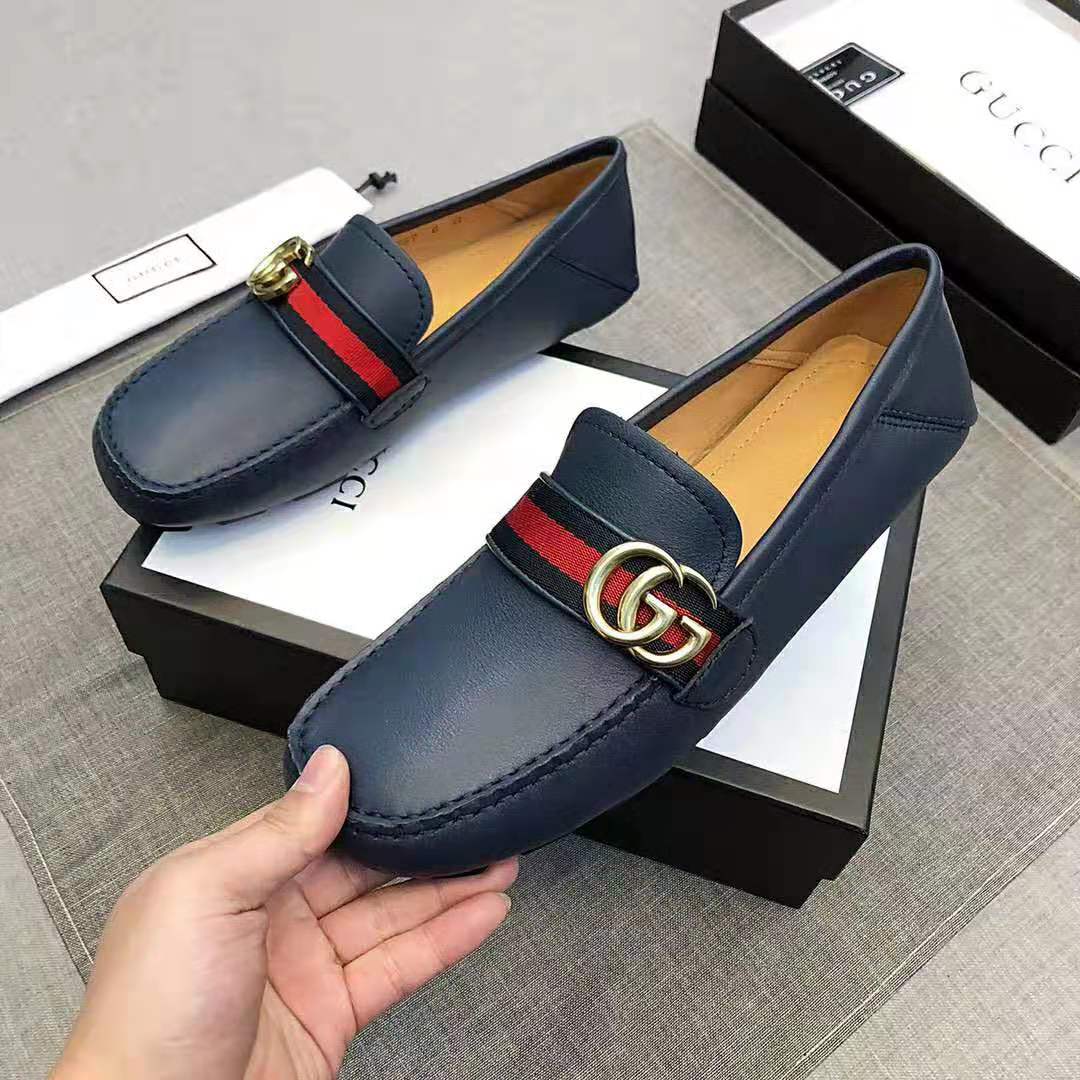 Gucci Men Leather Driver with Web-Navy