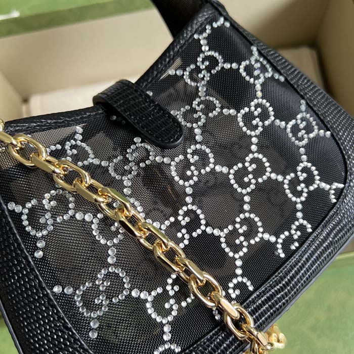 Gucci Women GG Jackie 1961 Mini Crystal GG Lizard Bag Black Mesh