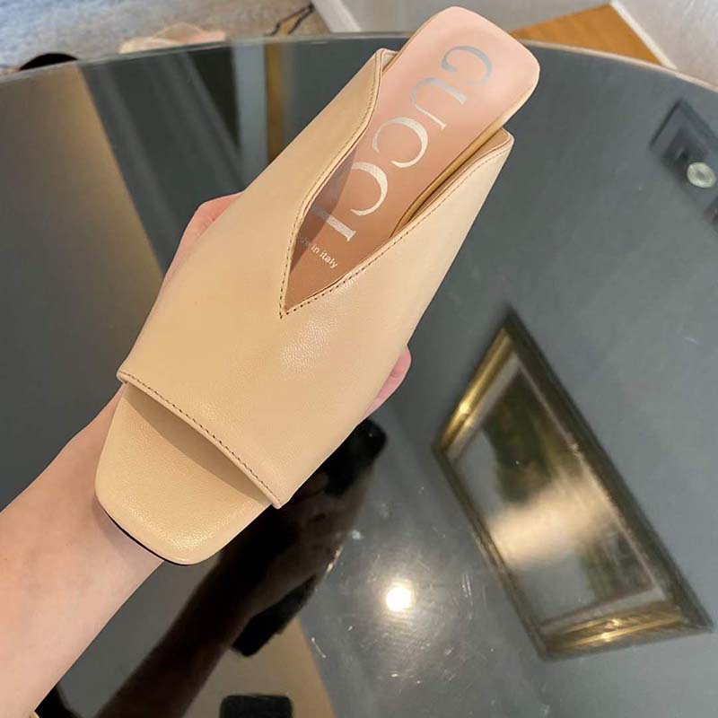 Gucci Women GG Mid-Heel Open-Toe Pump Light Pink Leather Sole 7.6 Cm Heel