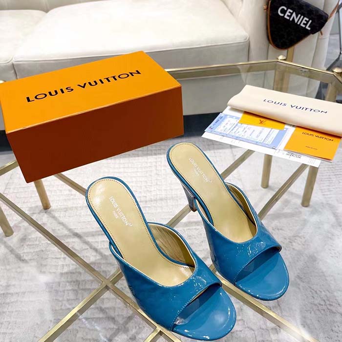 Louis Vuitton LV Women Super Mule Azure Blue Monogram-Debossed Patent Calf Leather 10 CM Heel