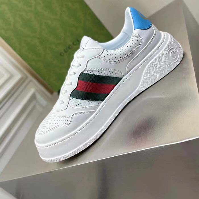 Gucci Unisex GG Sneaker Web White Leather Blue Lace-Up Flat