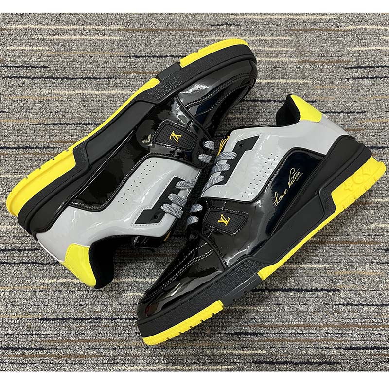 Louis Vuitton Unisex LV Trainer Sneaker Black Patent Canvas Rubber Outsole Monogram Flowers