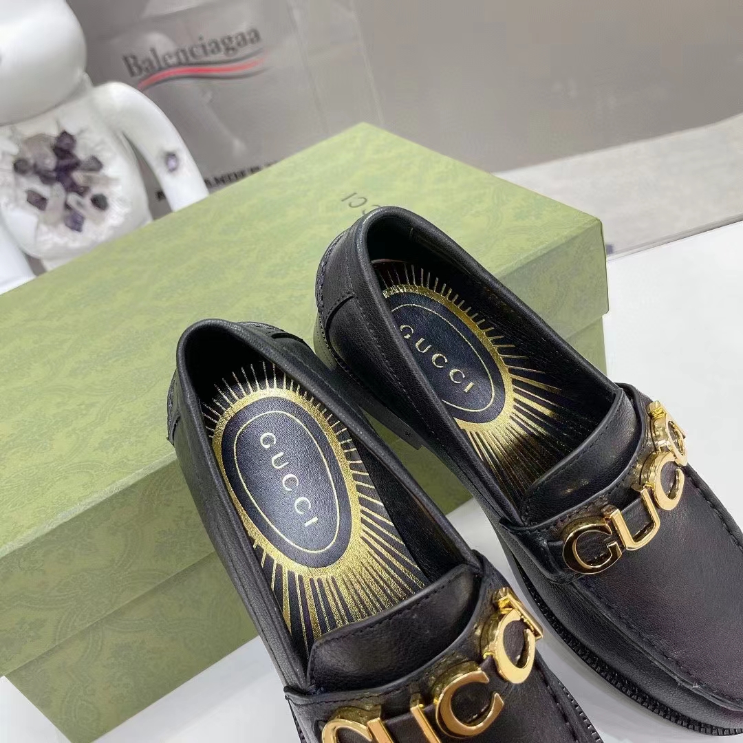 Gucci Women GG Leather Loafer Black Metal Logo Metallic Sunray Print Low Heel