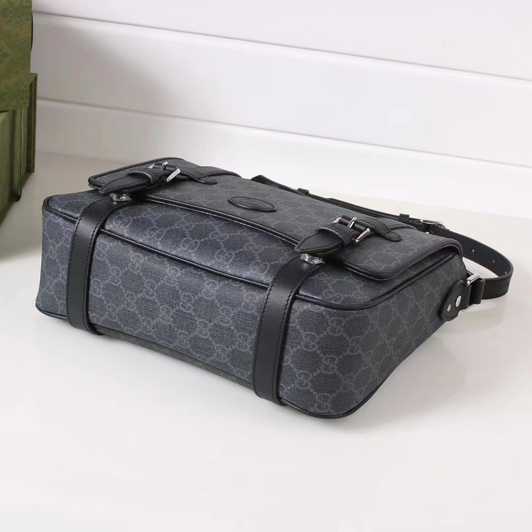 Gucci Unisex GG Messenger Bag Black GG Supreme Canvas Black Leather